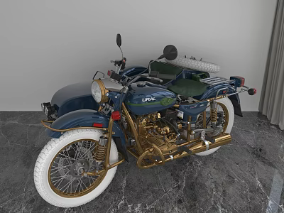 Vintage Blue Motorcycle With Gold Frame White Tires Green Seat And Sidecar 3d model