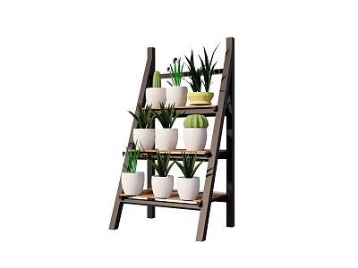 Decorative Garden Ladder Plant Stand With Multiple Shelves And Potted Plants 3d model