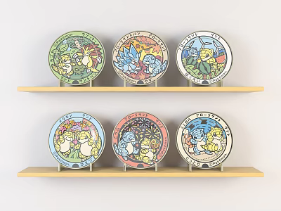 Colorful Round Plates With Cartoon Patterns On Two Wooden Shelves 3d model
