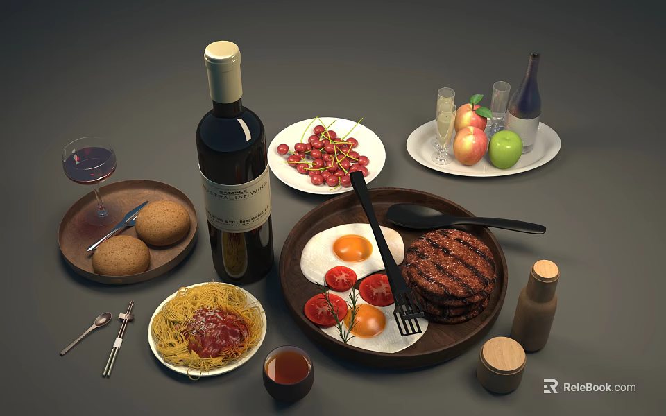 Delicious Assorted Food Spread With Pasta Grilled Hamburger Fried Eggs Cherries Apples And Red Wine 3d model 