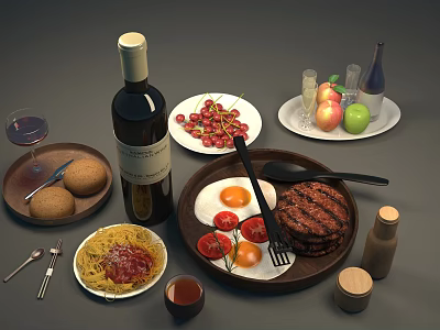 Delicious Assorted Food Spread With Pasta Grilled Hamburger Fried Eggs Cherries Apples And Red Wine 3d model