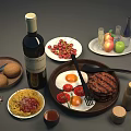 Delicious Assorted Food Spread With Pasta Grilled Hamburger Fried Eggs Cherries Apples And Red Wine