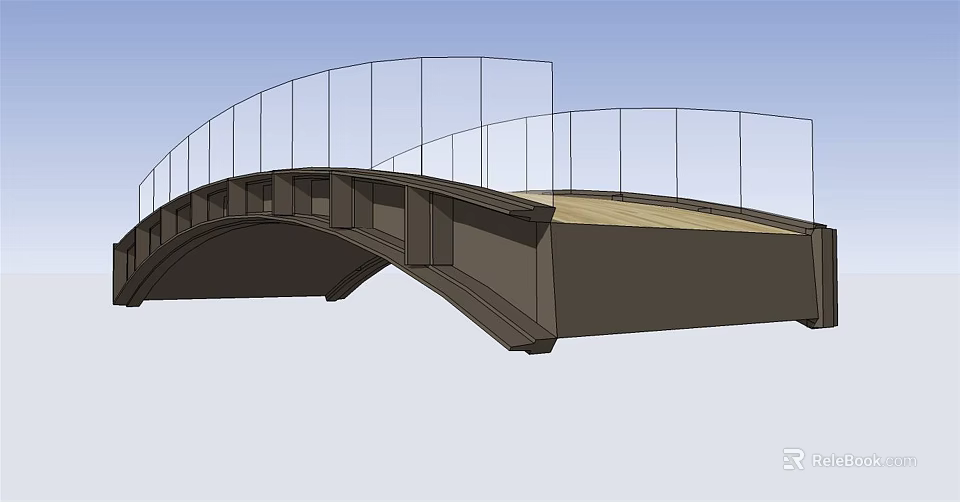 Modern Landscape Bridge With Curved Design Glass Railings And Wooden Deck 3d model 