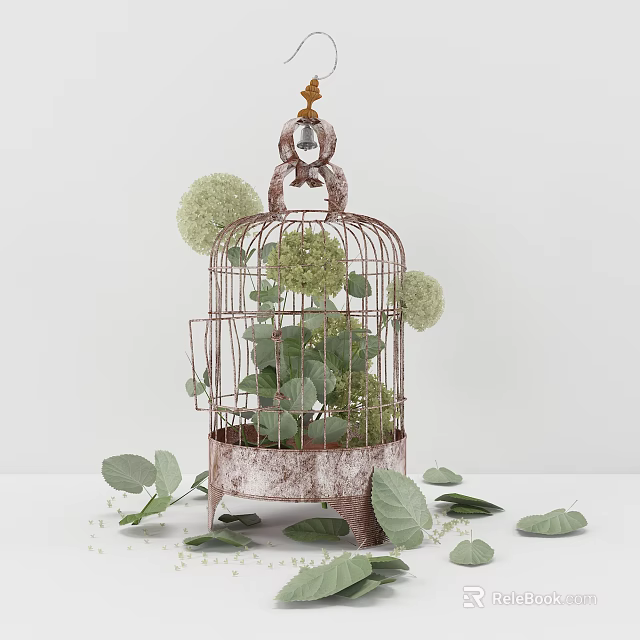 Vintage Birdcage Decorative Ornament Set With Green Plants And Scattered Leaves 3d model 