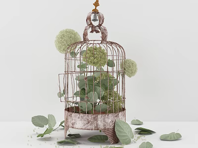 Vintage Birdcage Decorative Ornament Set With Green Plants And Scattered Leaves 3d model
