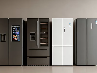 Refrigerators With Various Styles Smart Screens Glass Doors And Drawers In Black White Gray 3d model