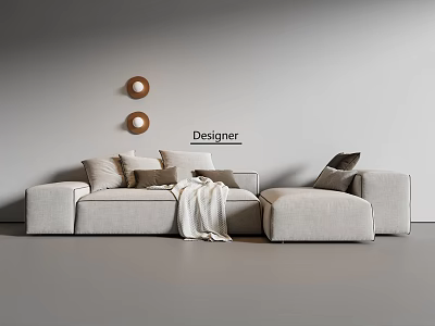 Designer Beige Sectional Sofa With Decorative Pillows Throw Blanket And Gray Wall Circular Decor 3d model