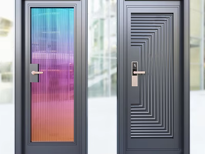 Modern Hinged Doors with Gradient Glass Black Frame Geometric Line Design and Metal Handle 3d model