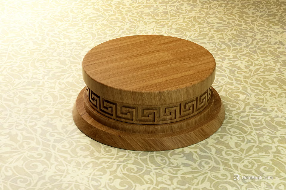 Round Top Wooden Pillar With Decorative Greek Key Pattern Base On Patterned Floor 3d model 