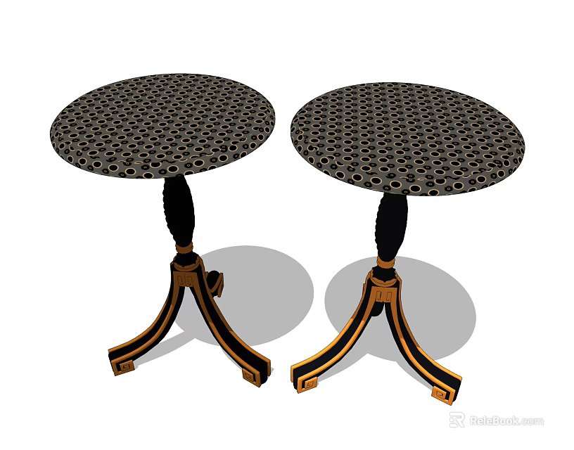 Two Round Accent Tables Featuring Grid Patterned Tabletops And Three Black Legs With Gold Accents 3d model 