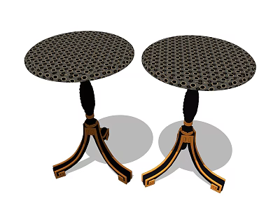 Two Round Accent Tables Featuring Grid Patterned Tabletops And Three Black Legs With Gold Accents 3d model