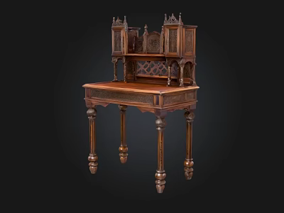 Antique Wooden Desk with Intricate Carvings Decorative Upper Shelf and Ornate Legs 3d model