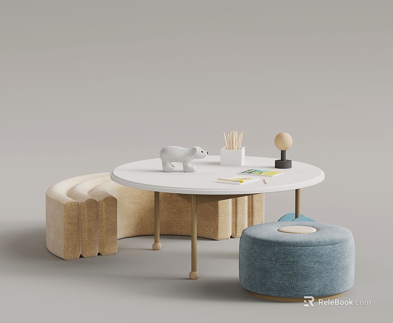 Modern Living Room Decor Featuring White Round Table Beige Curved Sofa And Blue Stool 3d model 