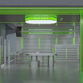 Modern Retail Store Interior With Metal Display Racks And Green Accent Lighting