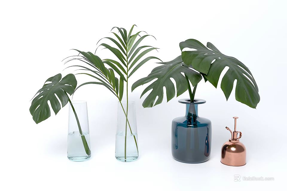 Transparent and Blue Glass Vases with Monstera and Palm Leaves on White Background 3d model 