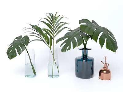Transparent and Blue Glass Vases with Monstera and Palm Leaves on White Background 3d model