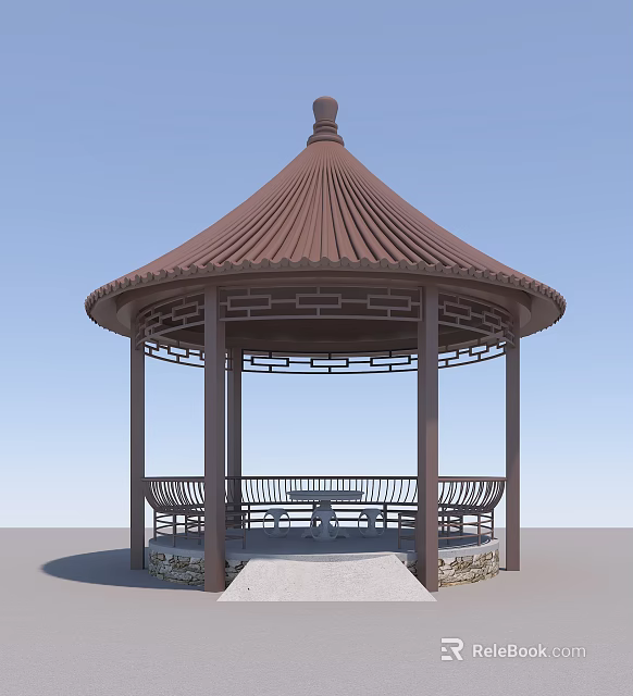 Traditional Garden Pavilion With Conical Brown Tiled Roof Circular Wooden Pillars And Stone Floor Benches 3d model 