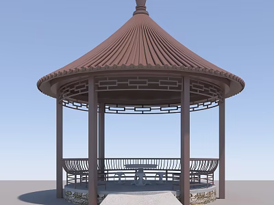 Traditional Garden Pavilion With Conical Brown Tiled Roof Circular Wooden Pillars And Stone Floor Benches 3d model