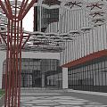 Modern Office Building Exterior With Greenery Covered Facade Red Structural Elements And Glass Walls