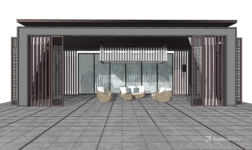 Modern Pergola With Lattice Sides Sofa Coffee Table And Tile Floor 3d model 