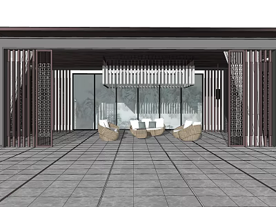 Modern Pergola With Lattice Sides Sofa Coffee Table And Tile Floor 3d model