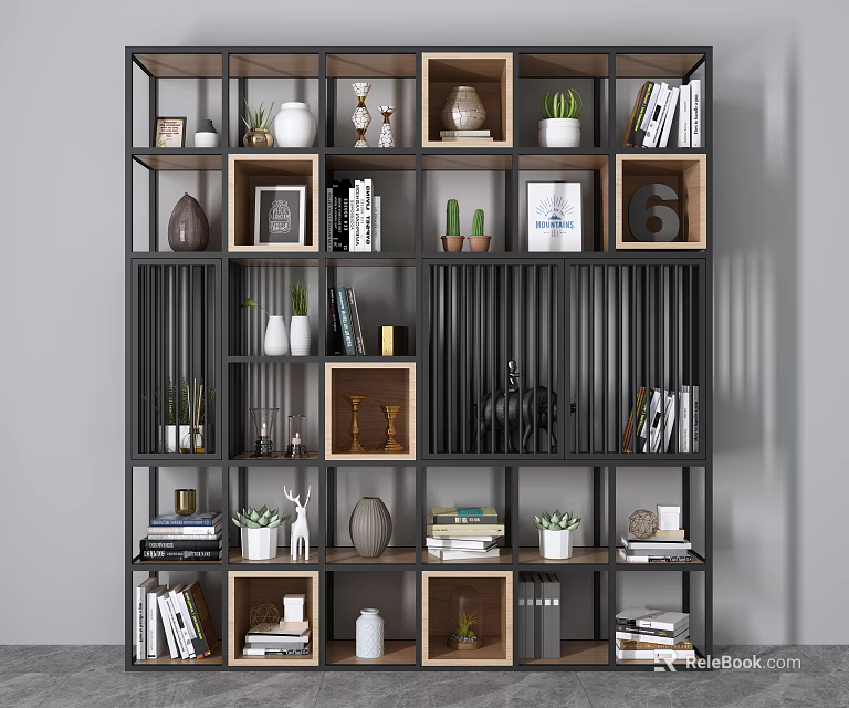 Modern Bookshelf With Multiple Compartments Books Decorative Ornaments Photo Frames And Potted Plants 3d model 