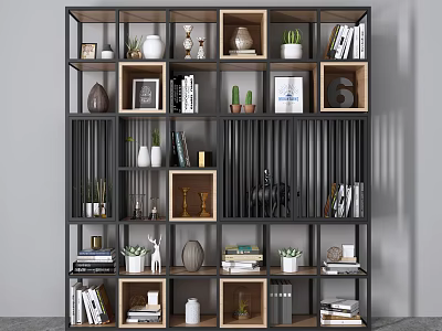 Modern Bookshelf With Multiple Compartments Books Decorative Ornaments Photo Frames And Potted Plants 3d model