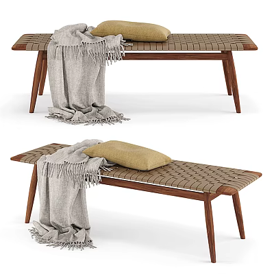 Stylish Wooden Public Bench Featuring Woven Seat Cushion And Fringed Blanket 3d model