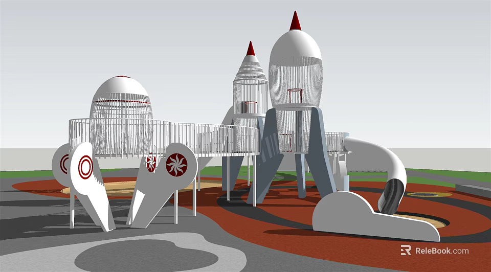 Modern Playground Equipment Featuring Rocket Shaped Slides Net Climbing Structures Circular Platforms and Red Spires 3d model