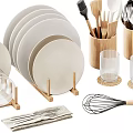Essential Kitchenware Collection Featuring Plates Glasses Utensils Whisk Napkins And Wooden Holders