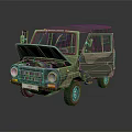 Vintage Green Camouflage Off Road Vehicle With Open Hood And Visible Engine