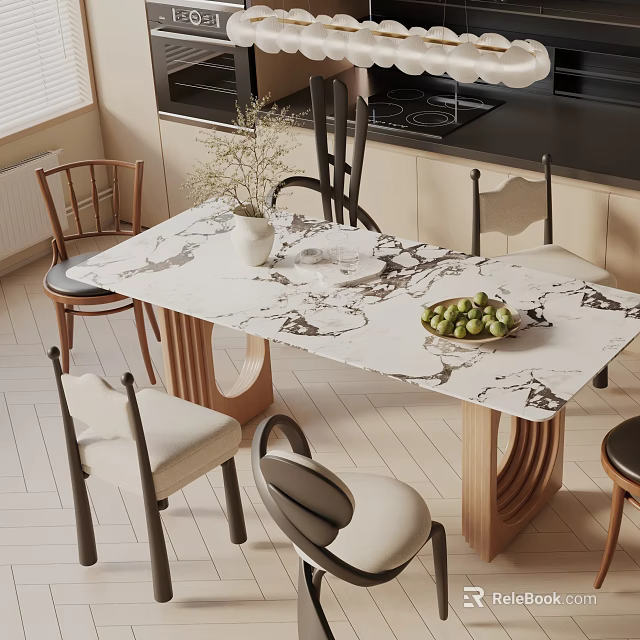Contemporary Dining Table Set with Marble Top Upholstered Wooden Chairs and Decorative Vase 3d model 