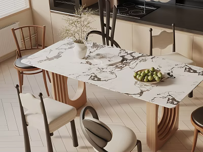 Contemporary Dining Table Set with Marble Top Upholstered Wooden Chairs and Decorative Vase 3d model