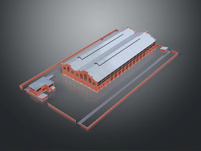 Industrial Red Brick Building 3D Model With Long Roof And Annex Structure 3d model
