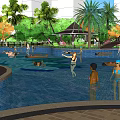 Urban Swimming Pool With Tropical Palms Greenery City View Lounge Chairs And People Recreation