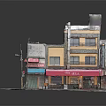 Cartoon Urban Street Scene With Old Multi Story Building And Colorful Awnings
