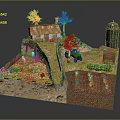 Cartoon Farm Scene With Red Roof House Windmill Tractor Trees And Fence