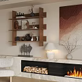 Modern Fireplace Interior With Marble Surround Artwork Decorative Shelves Floor Lamp And Accent Chair