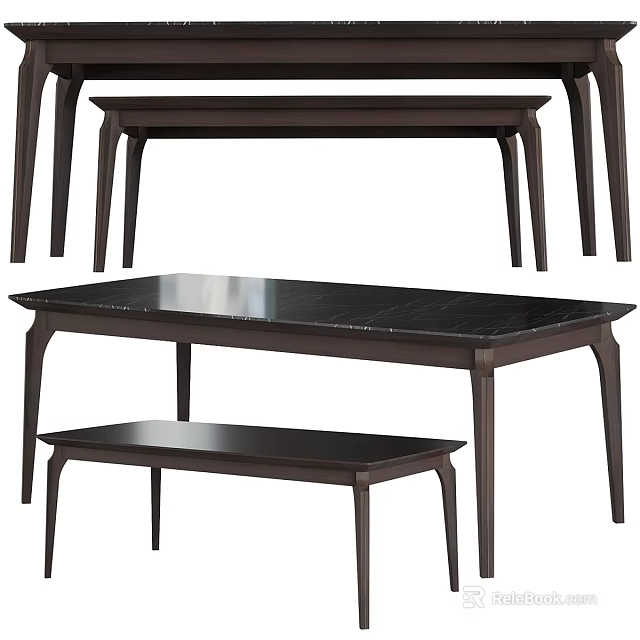 Modern Black Marble Top Dining Table With Dark Wood Frame And Matching Bench 3d model