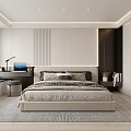 Modern Bedroom Interior Design With Bed Nightstand Window Curtains Desk And Rug