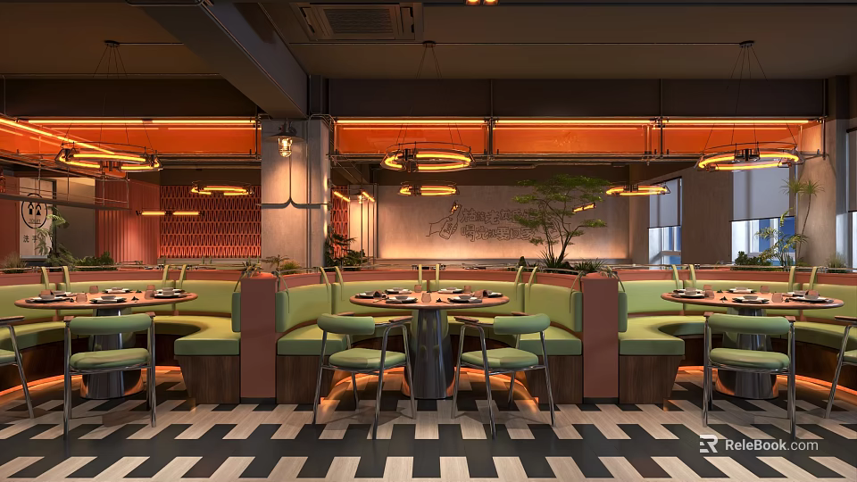 Modern Industrial Restaurant Interior With Green Booth Seating Round Tables Pendant Lights And Checkerboard Floor 3d model 