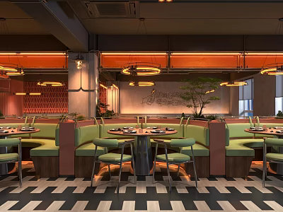 Modern Industrial Restaurant Interior With Green Booth Seating Round Tables Pendant Lights And Checkerboard Floor 3d model