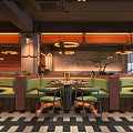 Modern Industrial Restaurant Interior With Green Booth Seating Round Tables Pendant Lights And Checkerboard Floor
