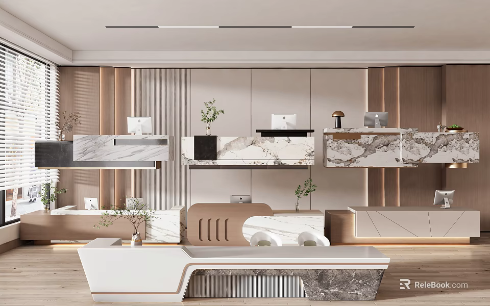 Modern Reception Desk Design With Marble Surface And Wooden Accent Wall Decor 3d model 
