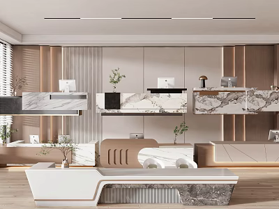 Modern Reception Desk Design With Marble Surface And Wooden Accent Wall Decor 3d model