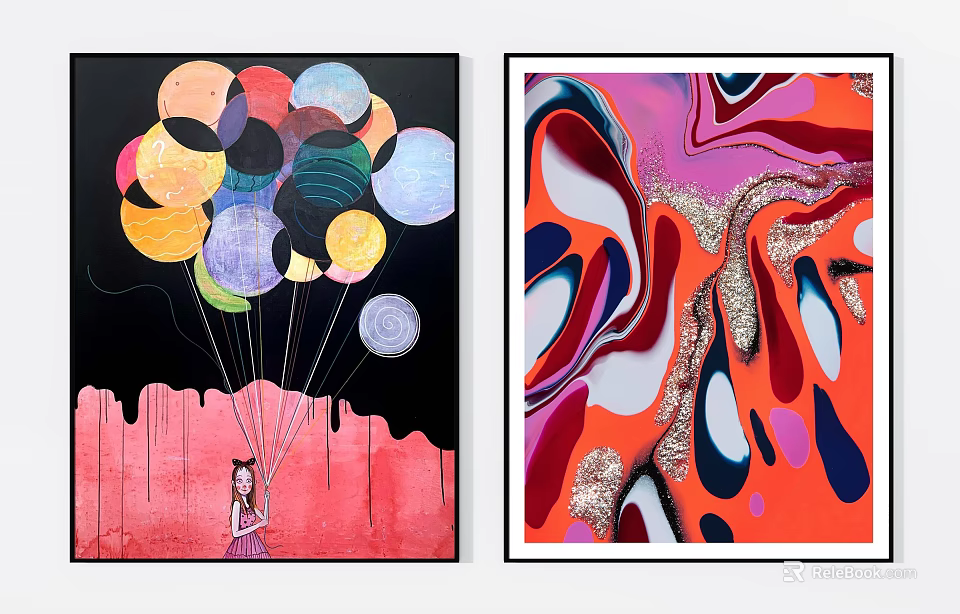Colorful Balloons Girl Figurative Art And Abstract Vibrant Red Pink Patterns With Glitter 3d model 