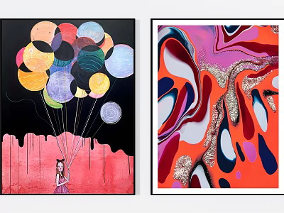 Colorful Balloons Girl Figurative Art And Abstract Vibrant Red Pink Patterns With Glitter 3d model