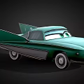 Green Cartoon Car with Big Eyes Smiling Face and Unique Fins Design