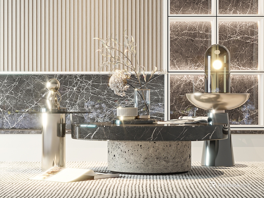 Elegant Modern Coffee Table With Marble Top And Metal Decor Elements 3d model 