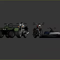Two Stylish Black and Red Motorcycles with Green ATV and White Jet Ski Displayed Together